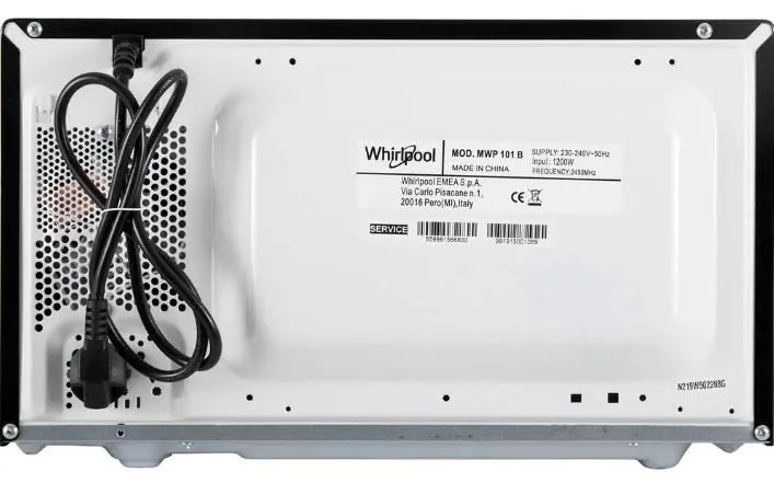 Мікрохвильова піч Whirlpool, об'ємом 20 літрів, з механічним управлінням, потужністю 700 Вт, чорного кольору.
