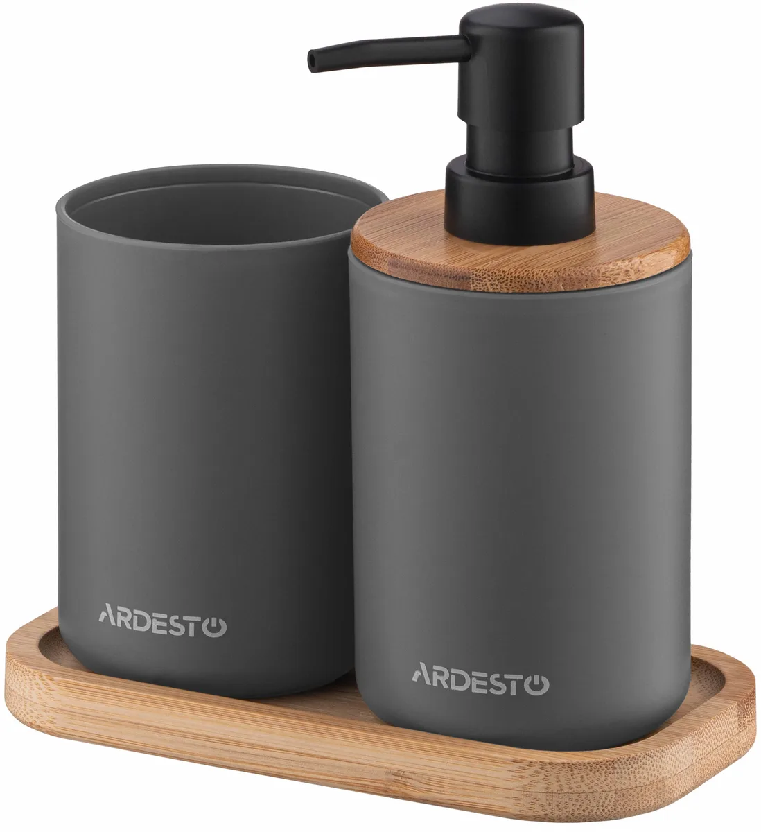 Набір аксесуарів для ванної ARDESTO Minimalism 360 мл, 3 предмети, поліпропілен, бамбук, темно-сірий.