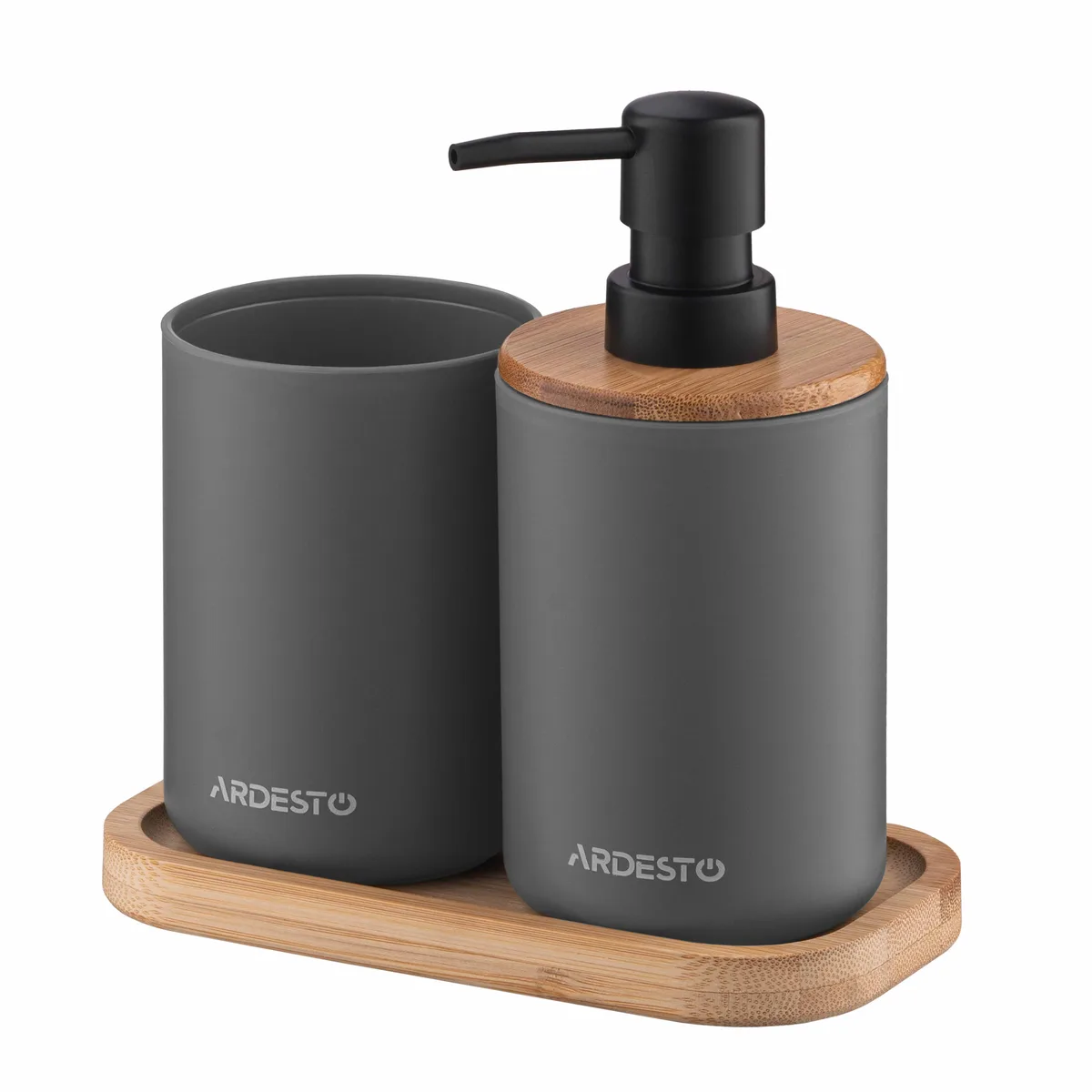 Набір аксесуарів для ванної ARDESTO Minimalism 360 мл, 3 предмети, поліпропілен, бамбук, темно-сірий.
