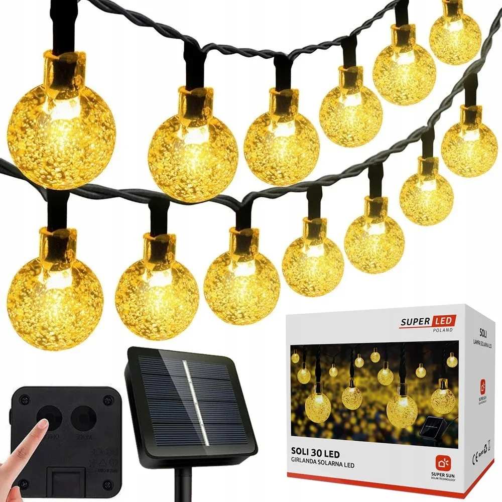 Сонячна гірлянда SuperLED пластикова 5,5 м тепле біле світло 30 LED-кульок IP65