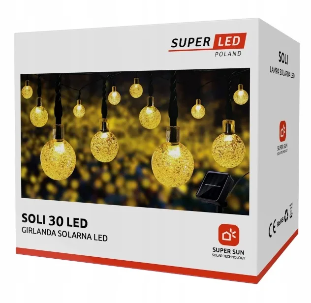 Сонячна гірлянда SuperLED пластикова 5,5 м тепле біле світло 30 LED-кульок IP65