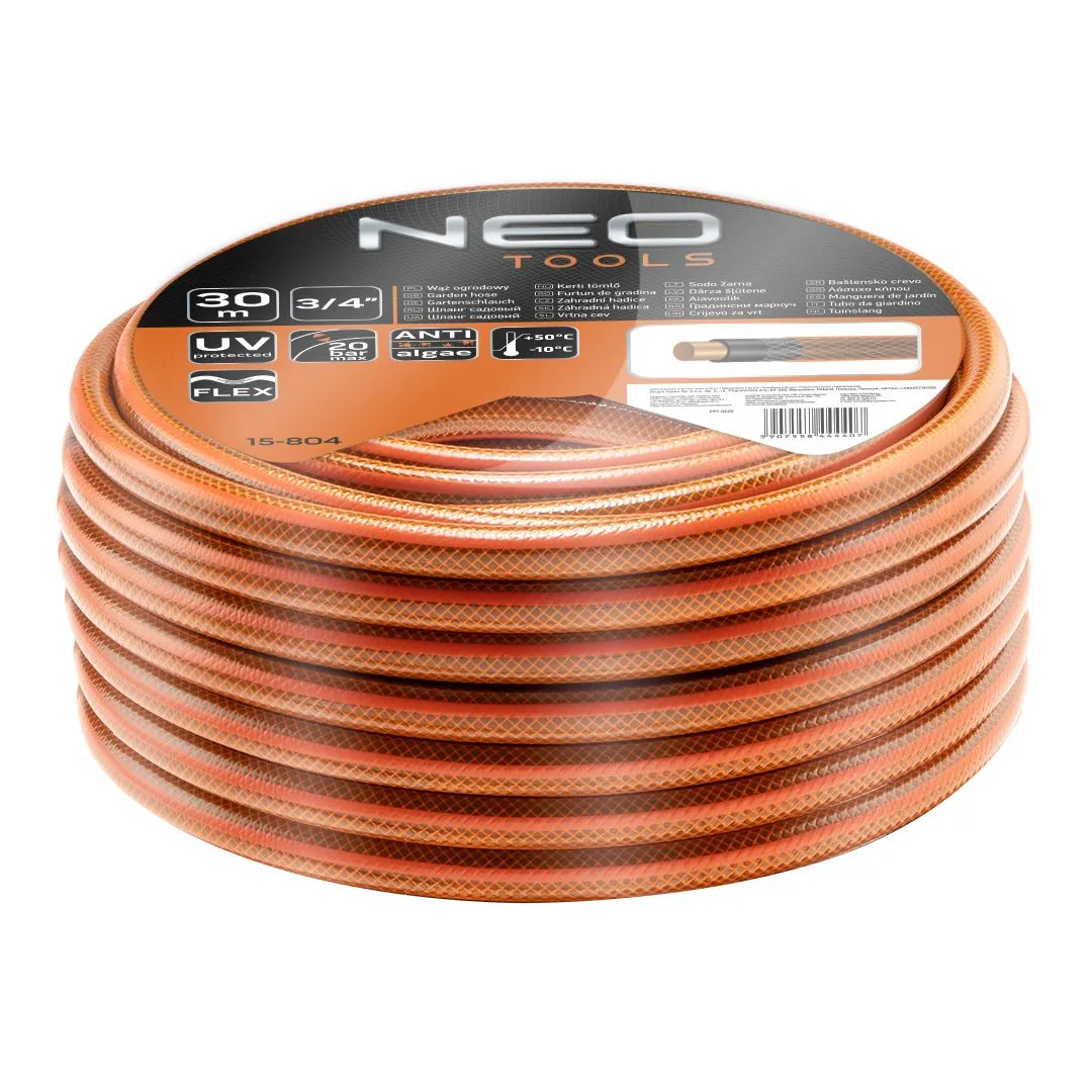 Садовий шланг Neo Tools Економічний, 3/4", 30 метрів, 4-шаровий, витримує тиск до 20 бар, температурний діапазон -10...+50°C.