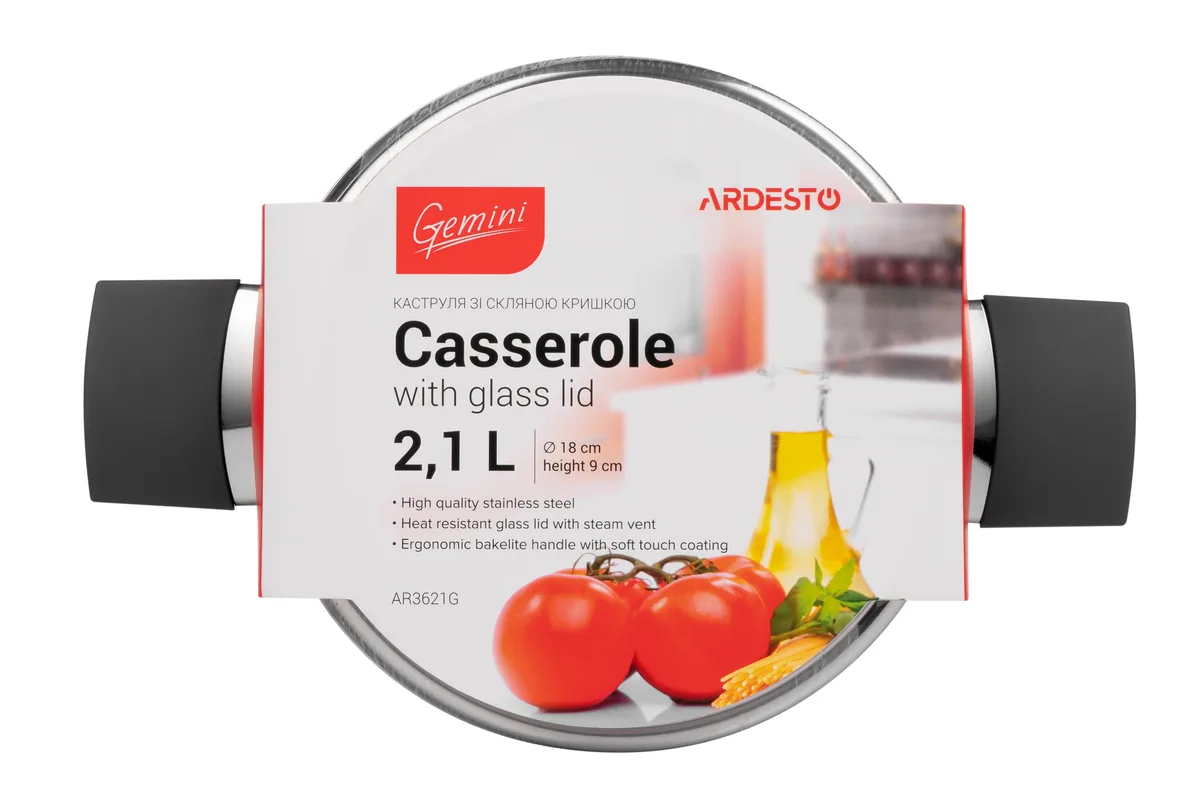 Каструля з прозорою кришкою ARDESTO Gemini Trento, 2.1 л, із нержавіючої сталі та бакеліту.