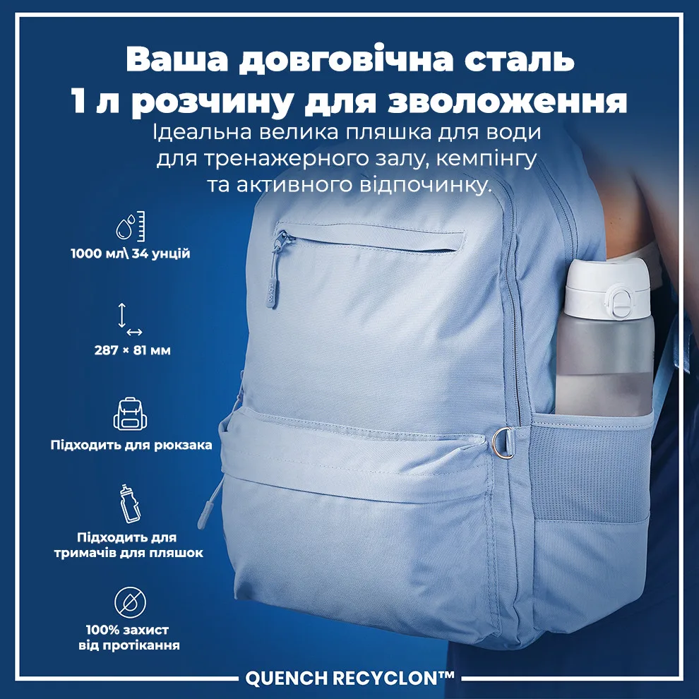 Пляшка для води ION8 Recyclon 1000 мл Блакитна BPA Free