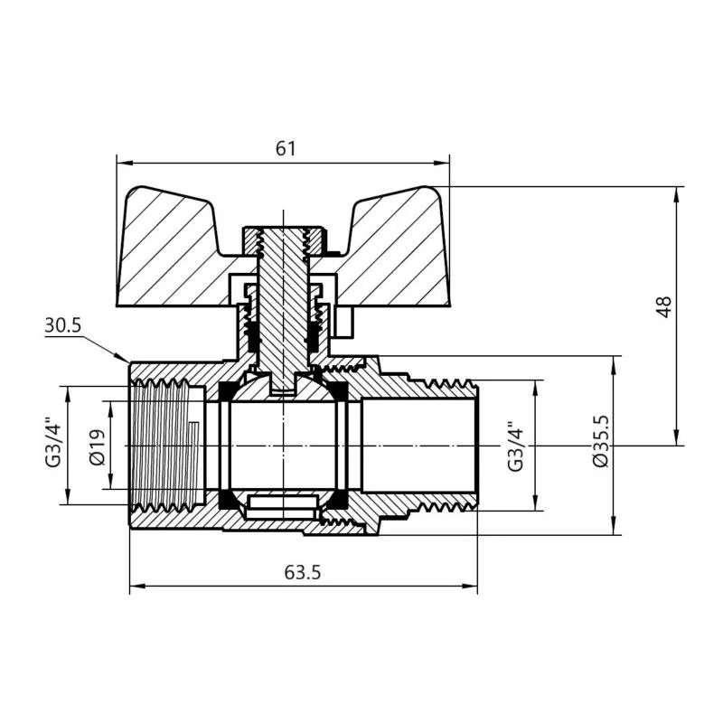 Кран кульовий 3/4" запірний латунний для газу метелик Thermo Alliance Standart