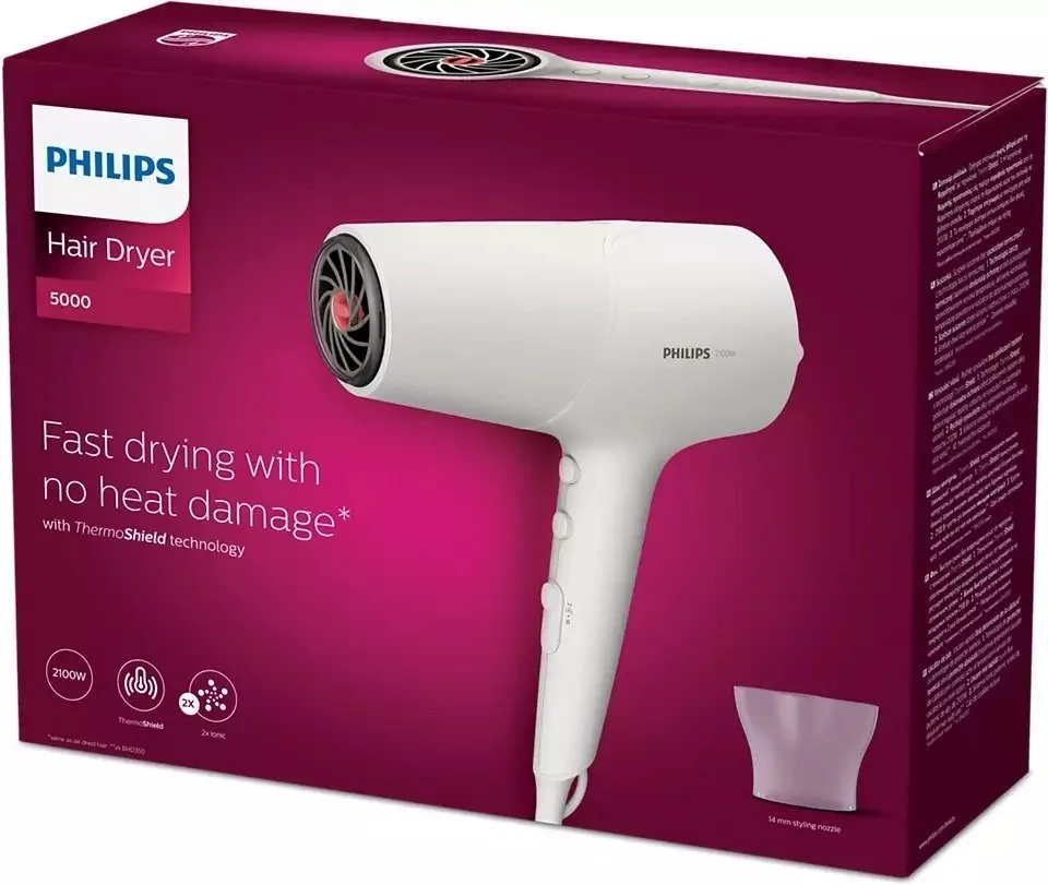 Фен Philips 5000 Series, мощность 2100Вт, 3 скорости, с ионизацией и функцией холодного обдува, белый цвет