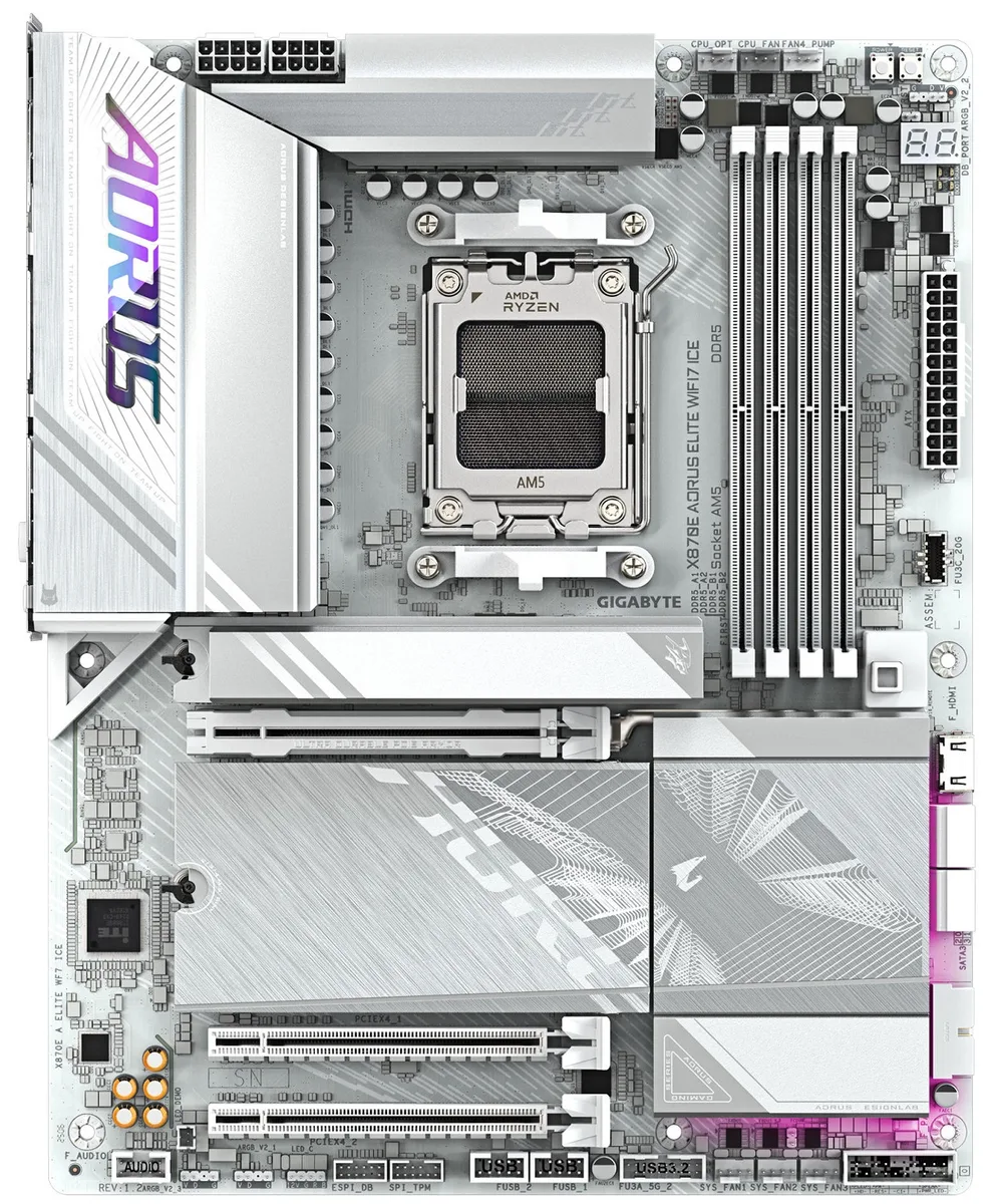 Материнська платаGIGABYTE X870E A ELITE WF7 ICE sAM5 X870 4xDDR5 M.2 HDMI DP Wi-Fi ATX білий