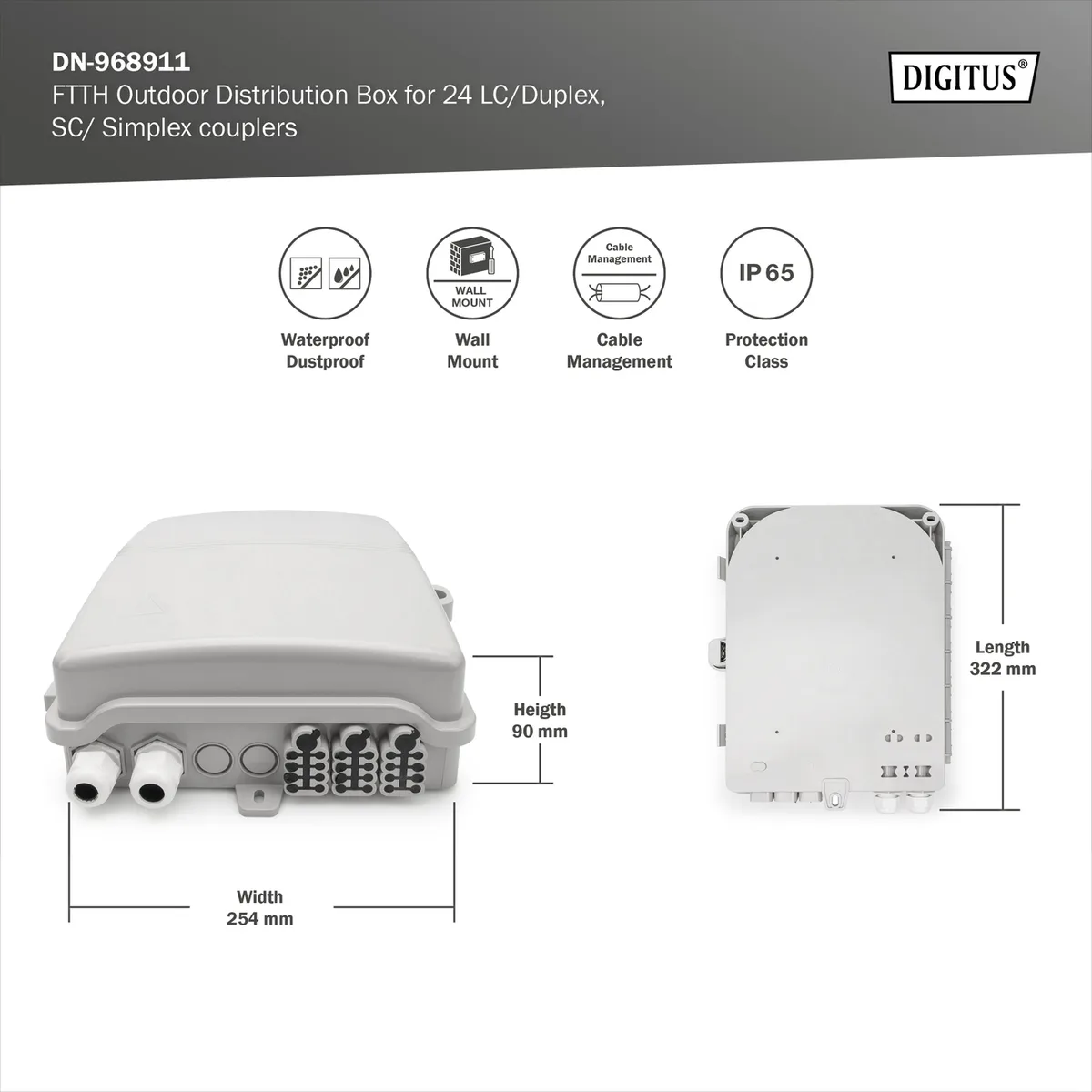 Розподільча коробка DIGITUS Outdoor FTTH, 24x SC/SX or LC/DX adapters, 24 splices
