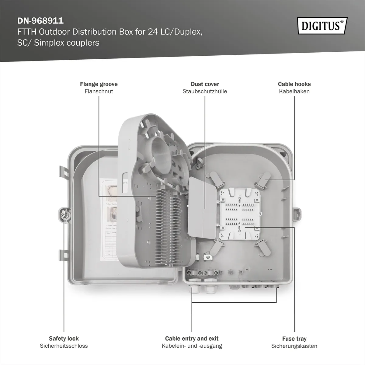 Розподільча коробка DIGITUS Outdoor FTTH, 24x SC/SX or LC/DX adapters, 24 splices
