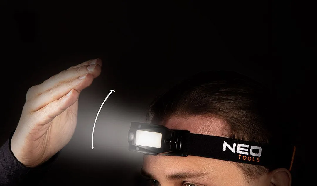 Ліхтар налобний акумуляторний Neo Tools, 500мА·год, 180лм, 3Вт, датчик руху, рухома конструкція на 360°, червоне світло, 50г, IPX4