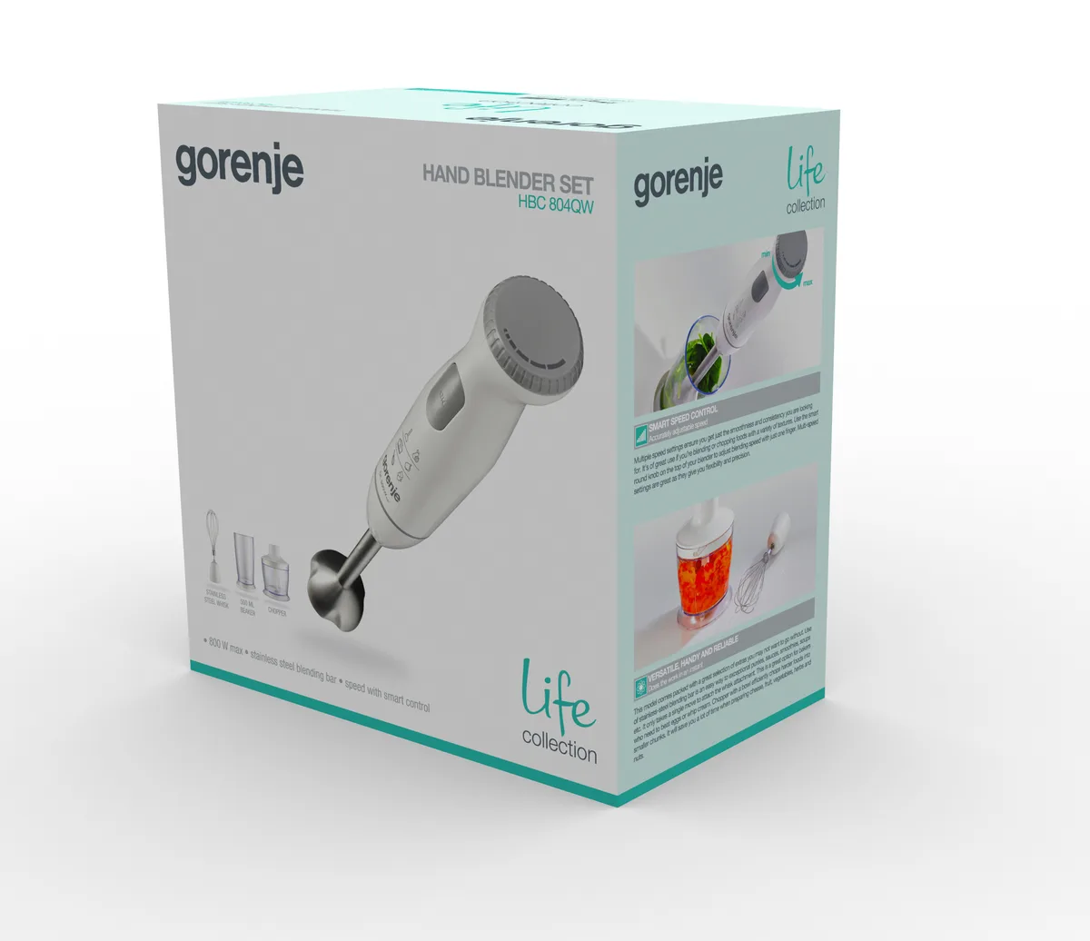Занурювальний блендер Gorenje 800Вт, 4 в 1, 500 мл чаша, подрібнювач, білий.