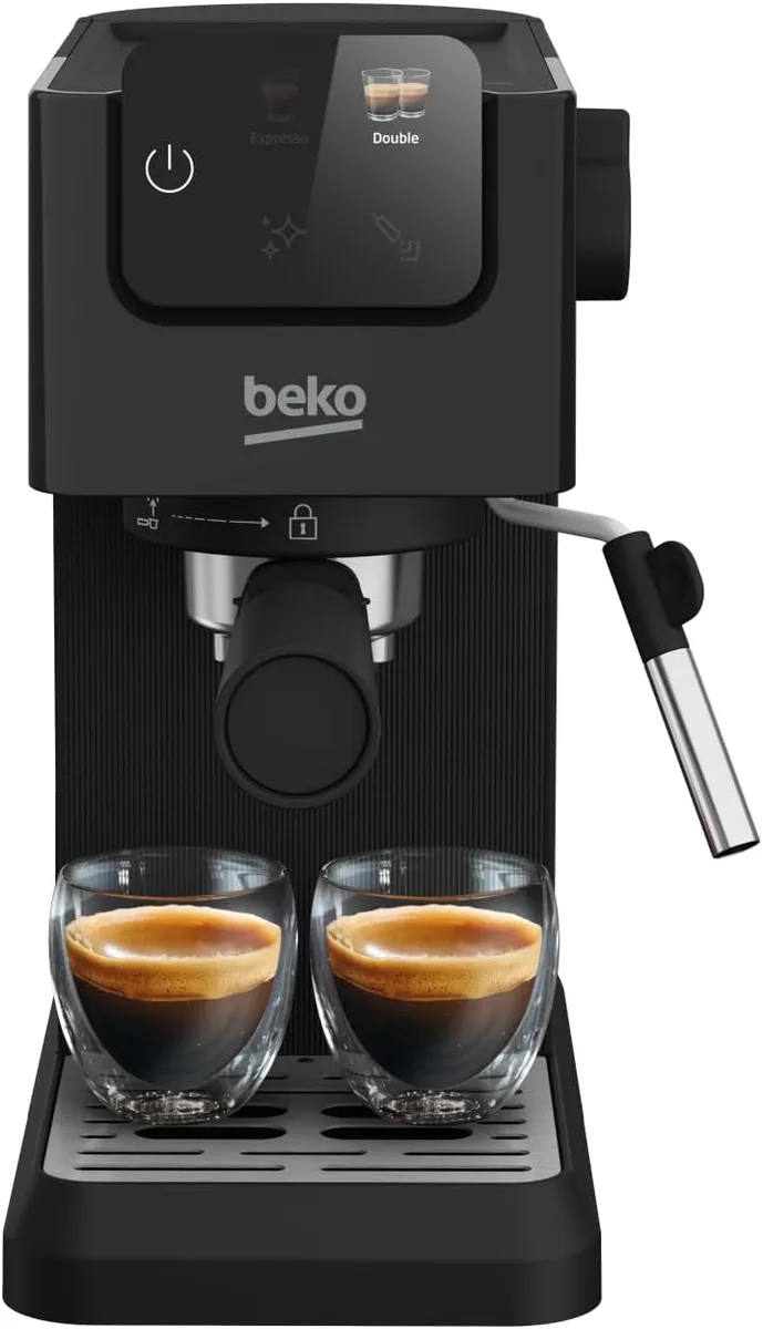 Кавоварка Beko ріжкова 1.1л з ручним капучинатором, функцією підігріву чашок, 2 авторецептами та дисплеєм, чорного кольору.