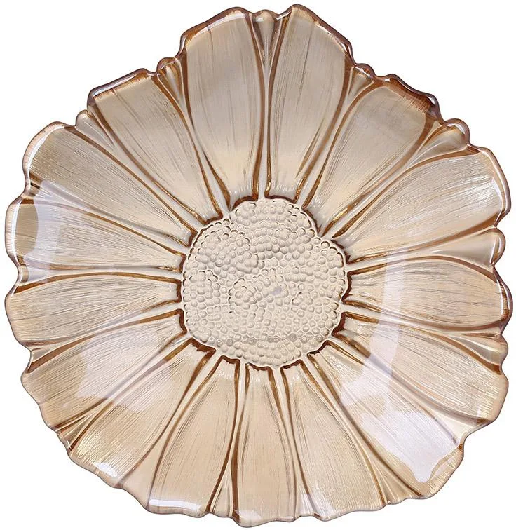 Скляна сервіровочна тарілка Fleur Flower 28 см янтарна у формі квітки