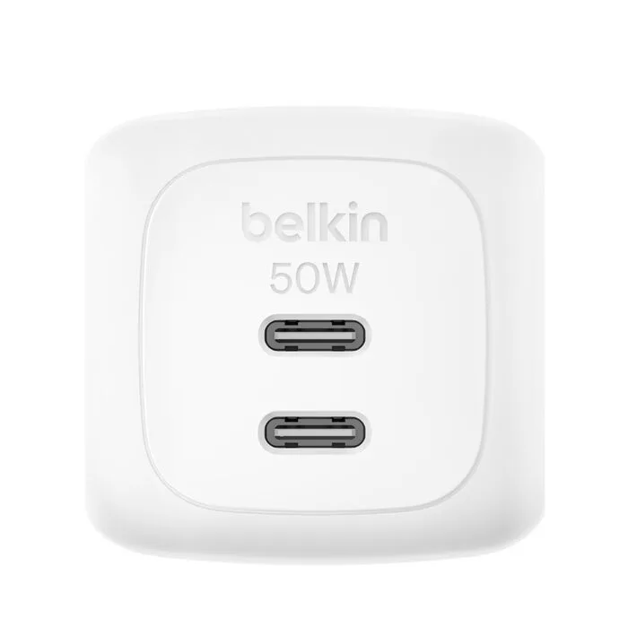 Зарядний пристрій мережевий Belkin 50Вт 2хUSB-С GAN PD PPS, кабель USB-С > USB-C, 1м, білий