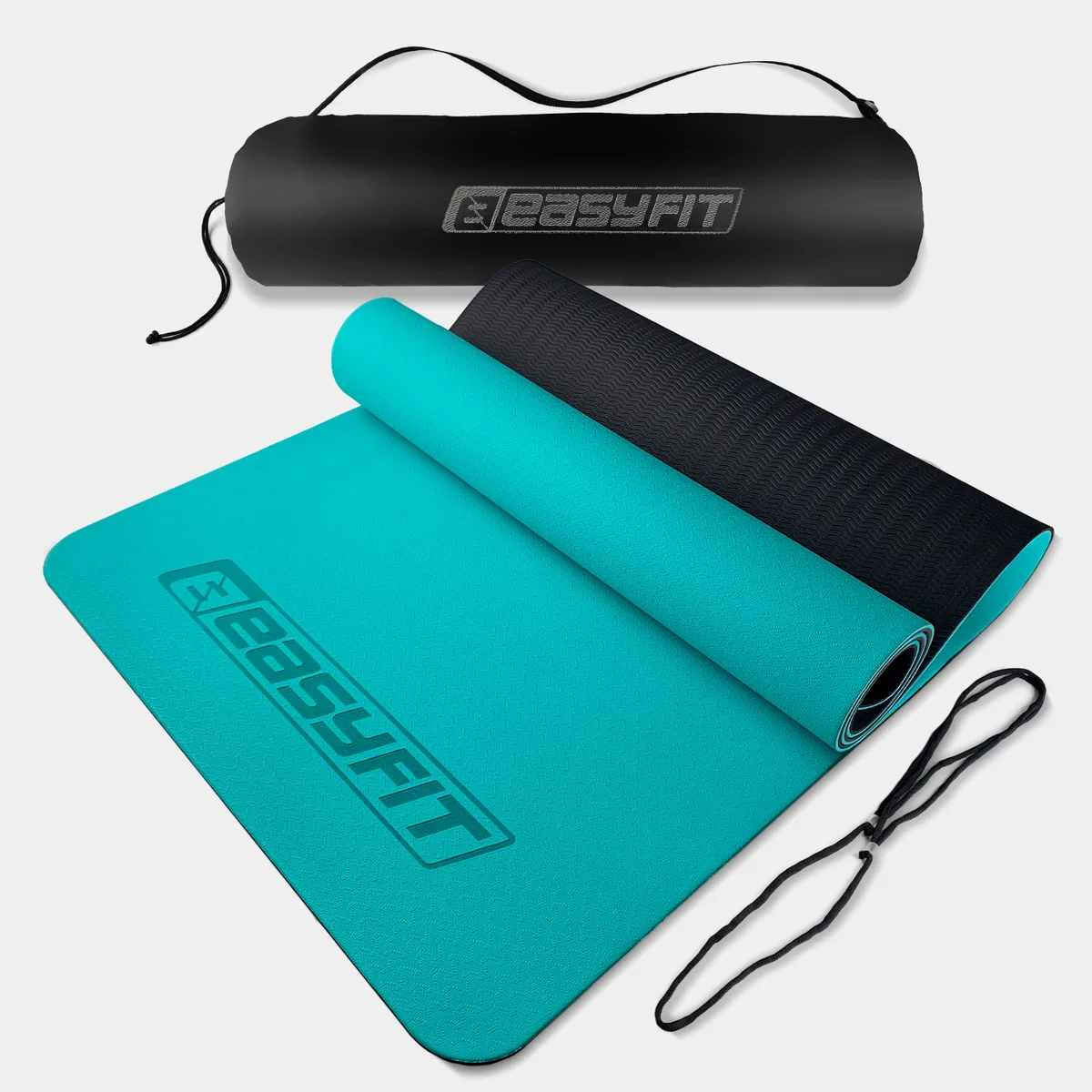Килимок для йоги та фітнесу EasyFit TPE 183х61 см м'ятний-чорний 6 мм двошаровий з чохлом.