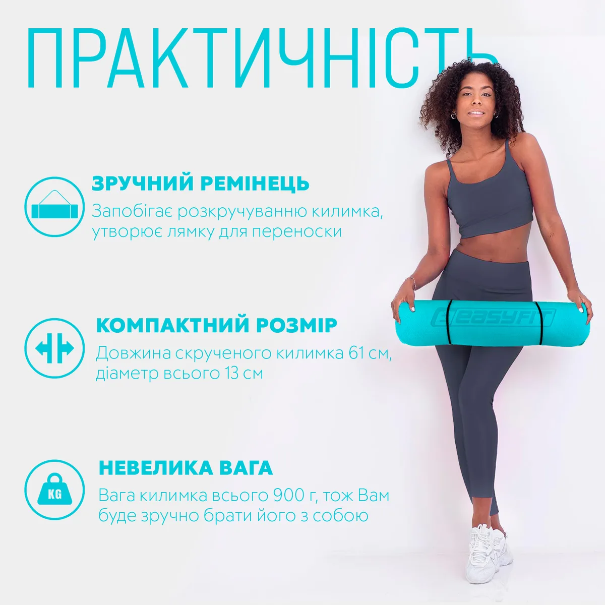 Килимок для йоги та фітнесу EasyFit TPE 183х61 см м'ятний-чорний 6 мм двошаровий з чохлом.