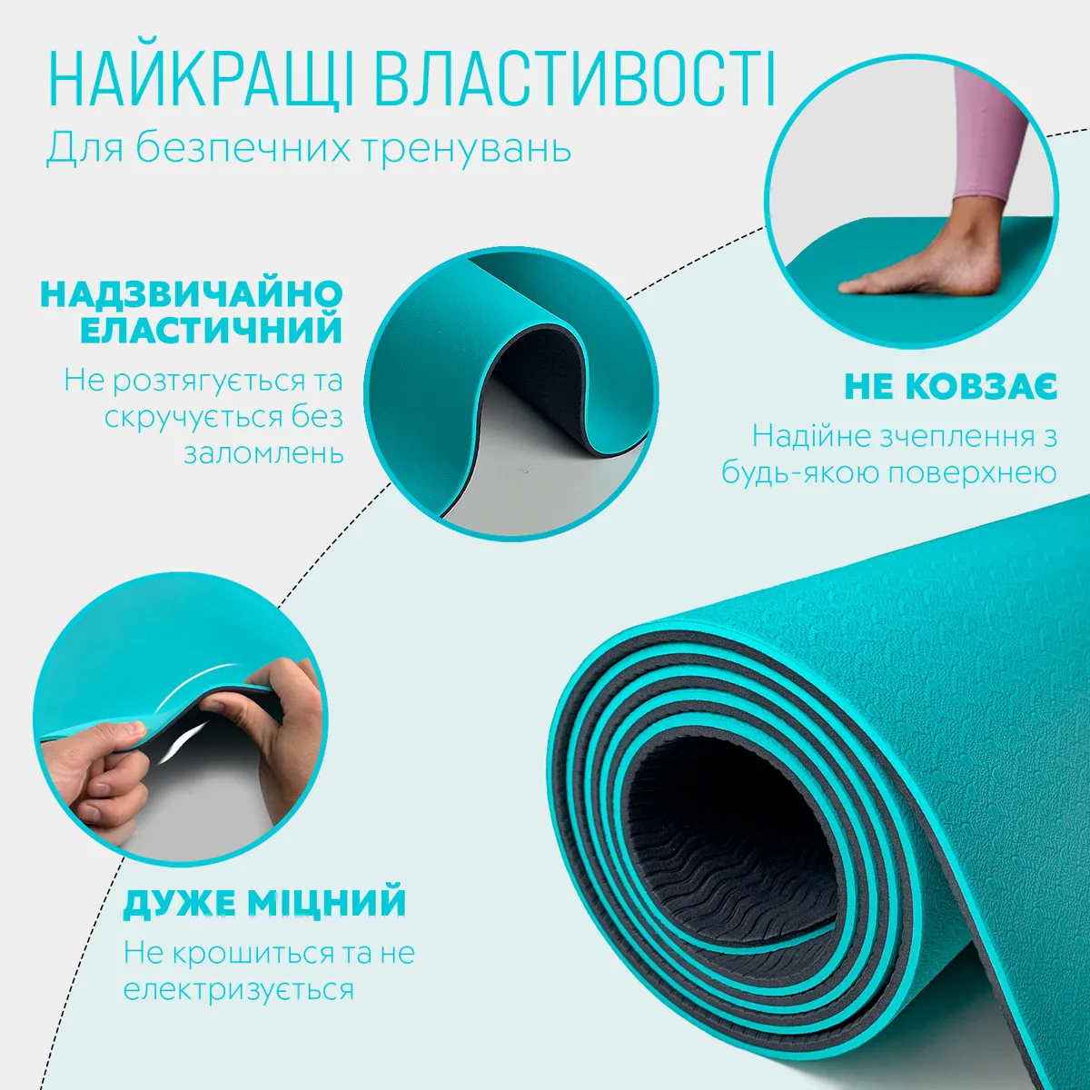 Килимок для йоги та фітнесу EasyFit TPE 183х61 см м'ятний-чорний 6 мм двошаровий з чохлом.