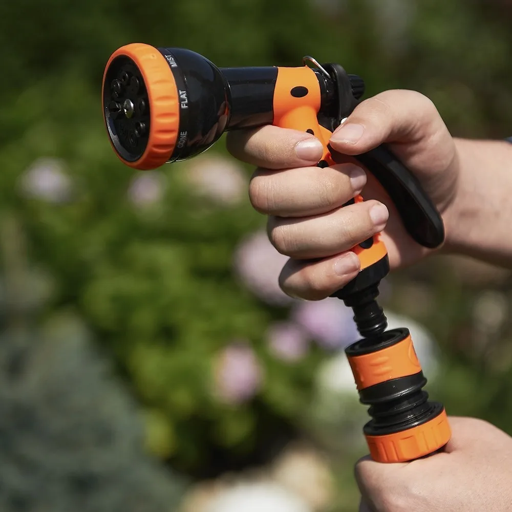 Зрошувач ручний SEQUOIA SWSKIT3: пістолетний, пластиковий, цинковий, з 8 режимами регулювання тиску води, комплект з 2 конекторів.