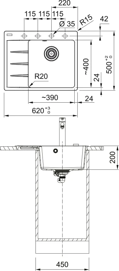 Кухонна мийка Franke Centro, фрагранітна, прямокутна, з бічним крилом, розміри 620х500х200мм, однокамерна, врізна, модель CNG 611-