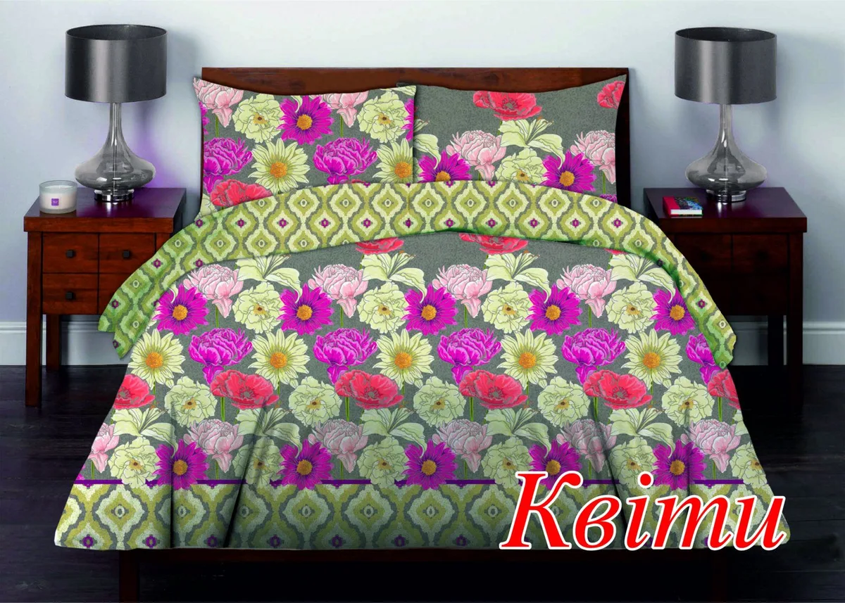 Сімейний комплект постільної білизни Home Line Бязь 215х220 см Сірий Квіти
