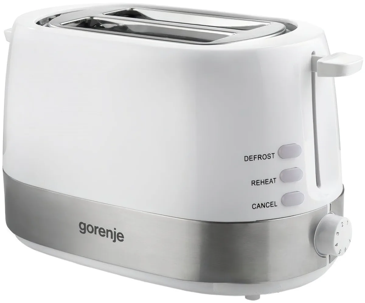 Тостер Gorenje, 850 Вт, функція розморожування, автоматичне відключення, пластиковий/металевий корпус, білий колір.