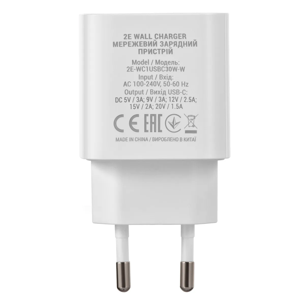 Зарядний пристрій мережевий 2E 30Вт USB-C PD, білий