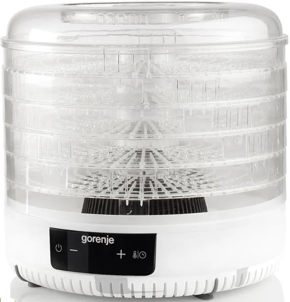 Сушарка для продуктів Gorenje, потужність 380 Вт, 5 піддонів діаметром 31 см, максимальна температура 70°C, матеріали: алюміній та