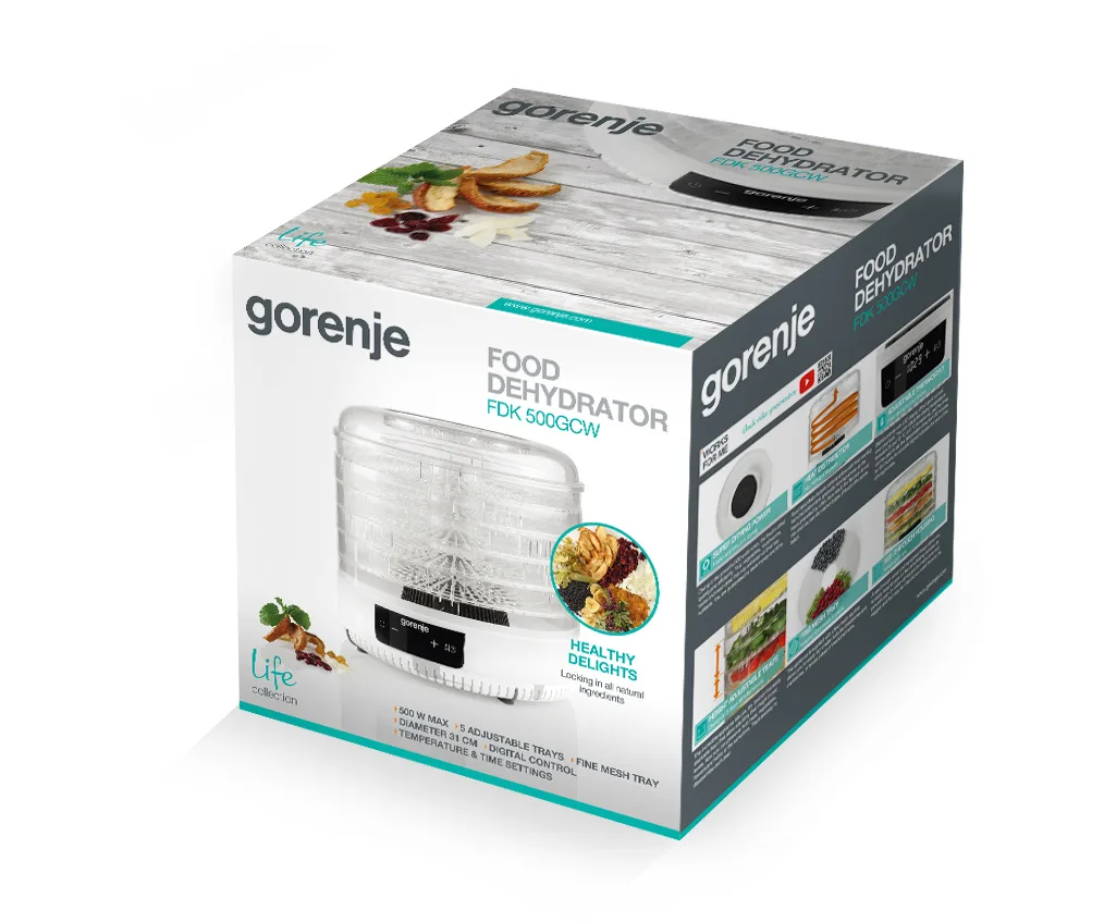 Сушилка для продуктов Gorenje, мощность 380 Вт, 5 поддонов диаметром 31 см, максимальная температура 70°C, материалы: алюминий и пластик, цвет белый