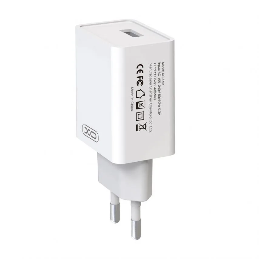 Зарядное устройство XO 2в1 USB 2,4A с кабелем Type-C 1м Белый