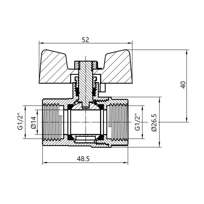 Кран шаровой 1/2" бабочка латунь для газа PN40