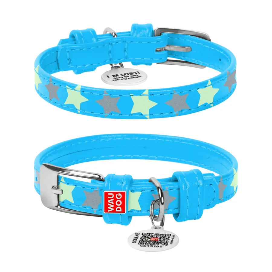 Нашийник WAUDOG Glamour XS 12 мм шкіряний світловідбивний 21-29 см блакитний Зірочка