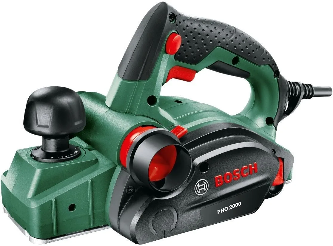 Рубанок Bosch PHO 2000, 380 Вт, ширина стругання 80 мм, глибина обробки до 2 мм, вага 2.58 кг.