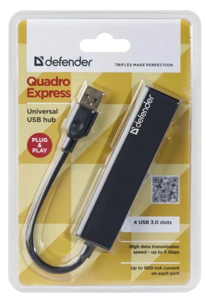 USB-хаб Defender 4 порти USB 3.0 0,16 м Чорний