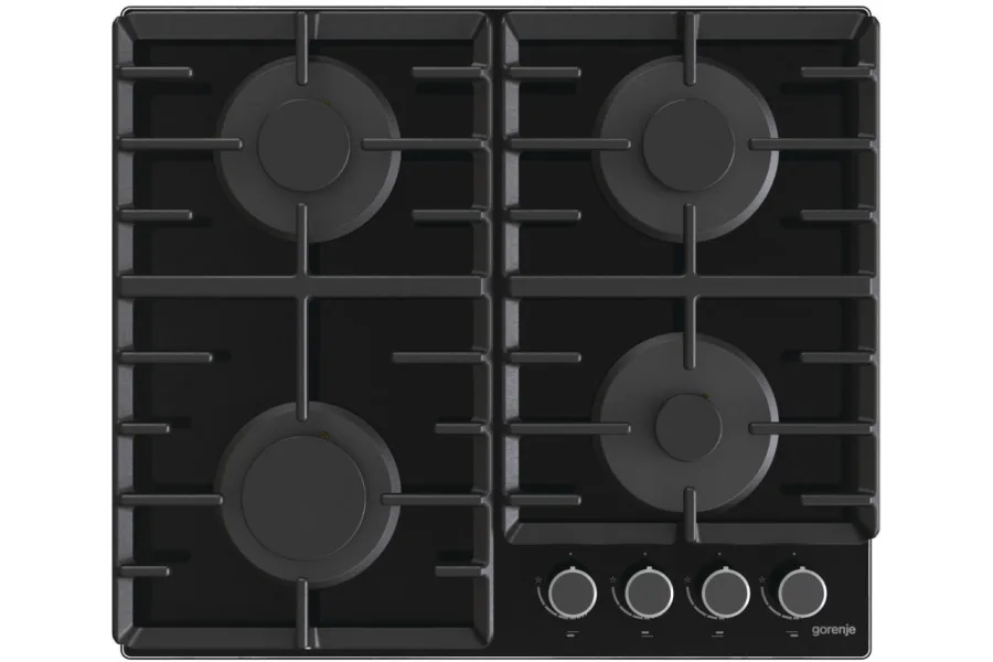 Газовая варочная поверхность Gorenje на стеклянной основе, 60 см, с чугунными решетками, черного цвета.