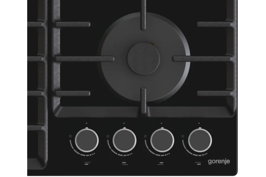 Газовая варочная поверхность Gorenje на стеклянной основе, 60 см, с чугунными решетками, черного цвета.