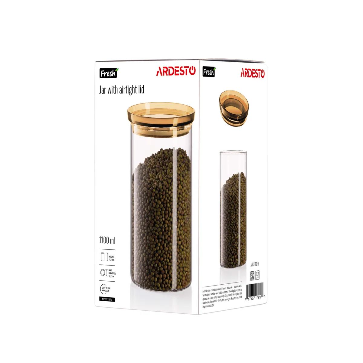 Контейнер для зберігання ARDESTO Fresh 1100 мл, скляний, з пластиковою кришкою, прозорий.