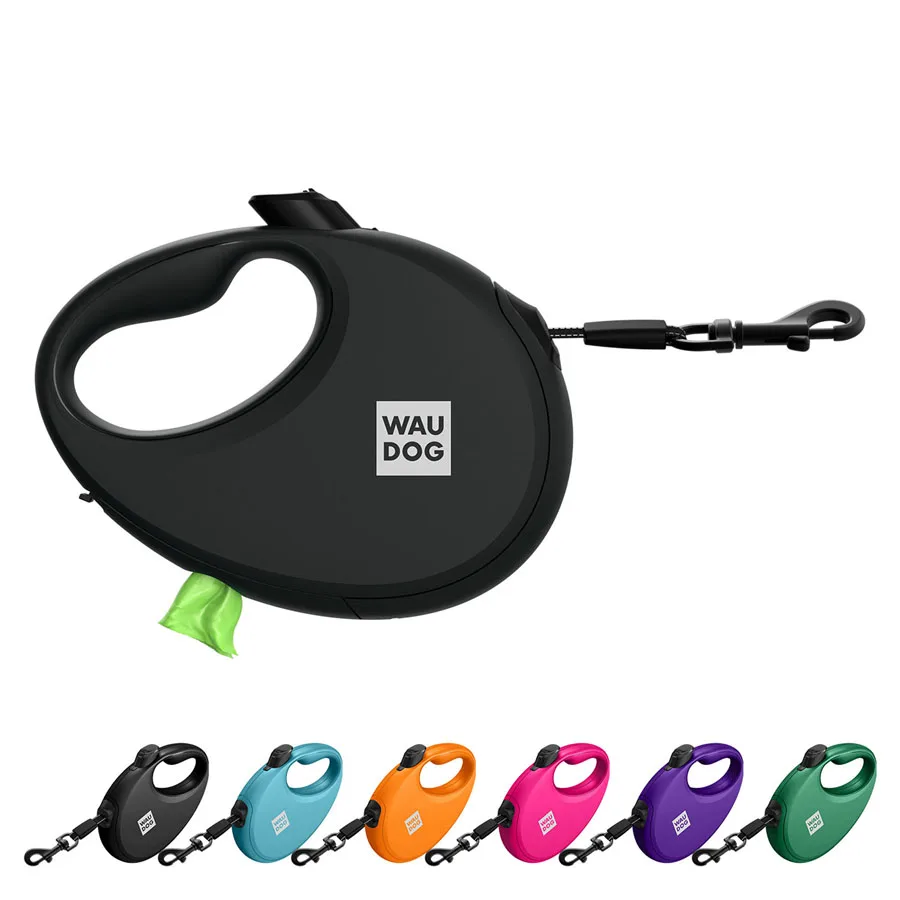 Поводок-рулетка WAUDOG R-leash L 5 м пластиковый черный с контейнером для пакетов
