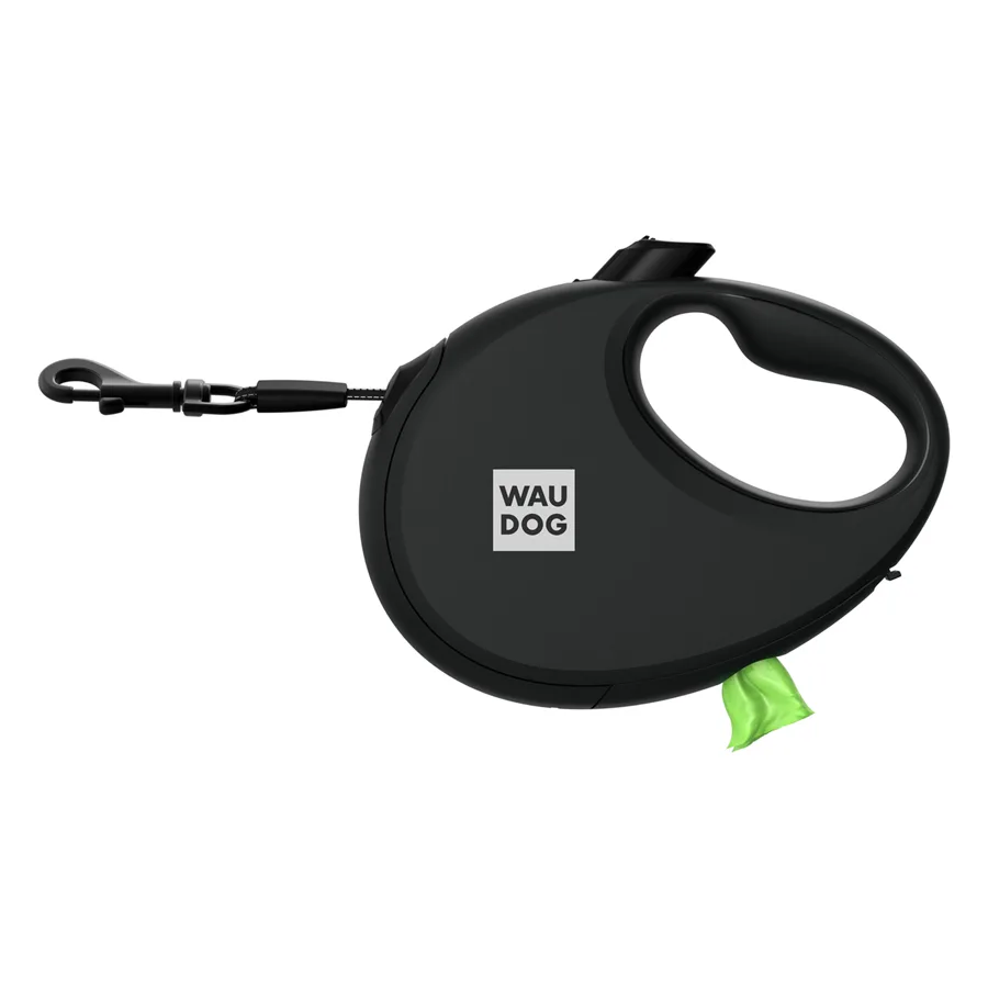 Повідець-рулетка WAUDOG R-leash L 5 м пластиковий чорний з контейнером для пакетів