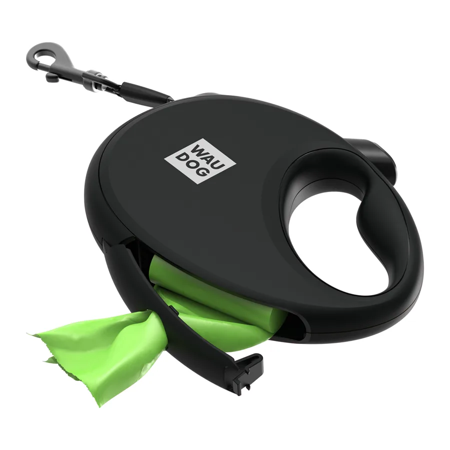 Повідець-рулетка WAUDOG R-leash L 5 м пластиковий чорний з контейнером для пакетів
