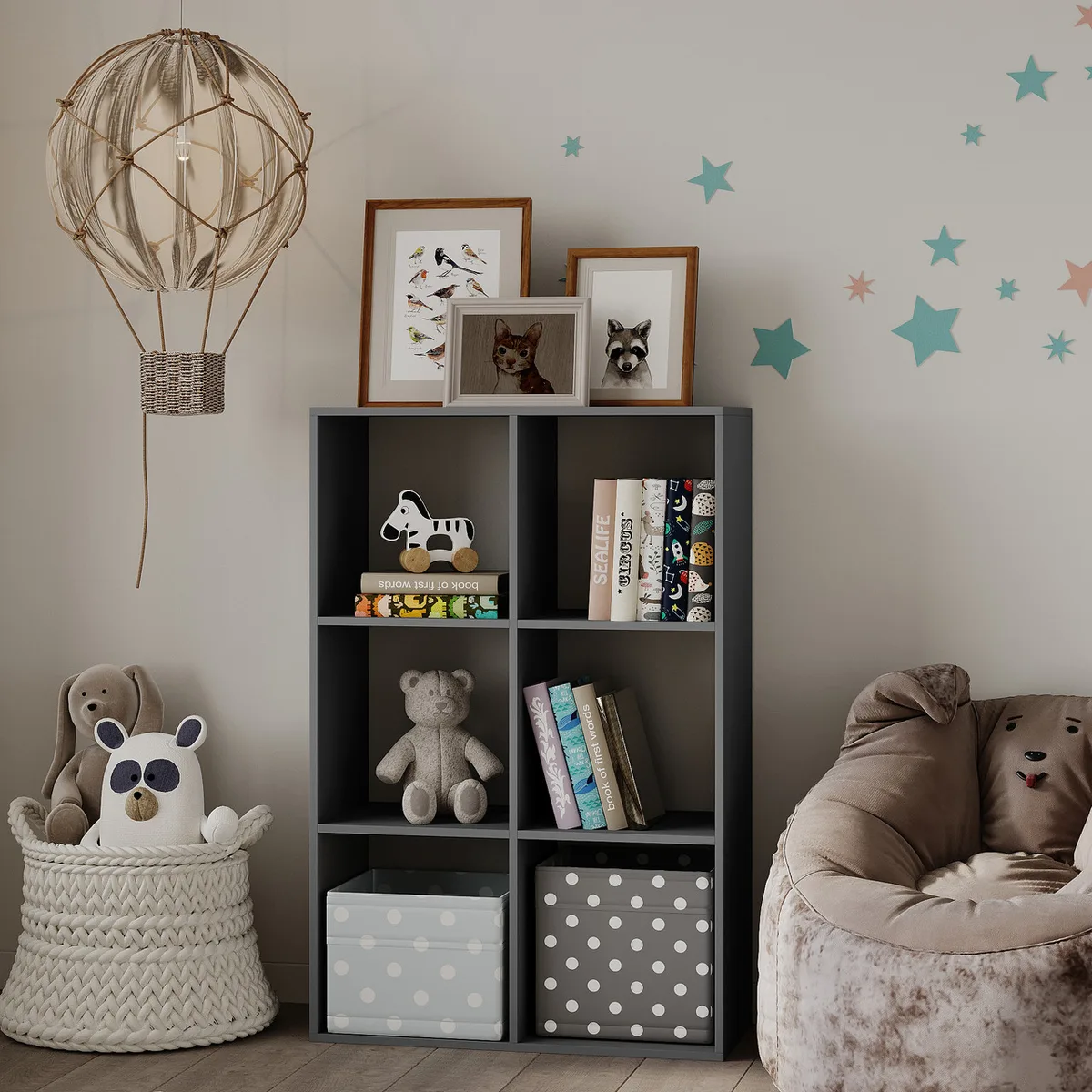 Стелаж з 6 полицями універсальний для вітальні коридору або дитячої кімнати. Антрацитова перегородка для зберігання.