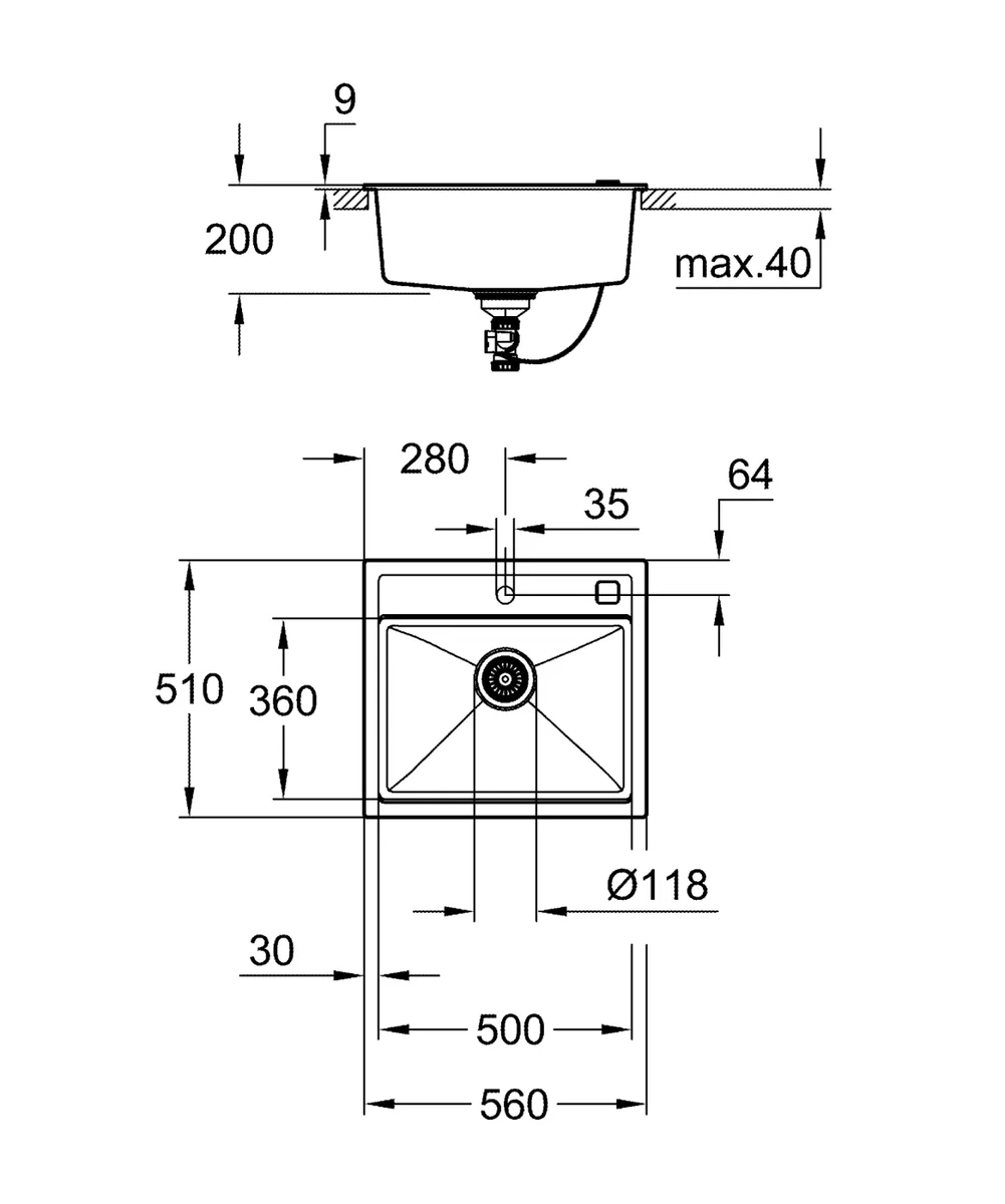 Композитна мийка Grohe гранітна 560х510х200 мм чорна матова