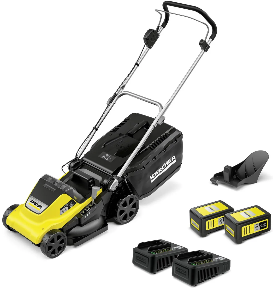 Акумуляторна газонокосарка Karcher LMO 4-18 Dual 18В з акумулятором 1х5А·год, ширина косіння 37 см, висота регулювання 25-65 мм.