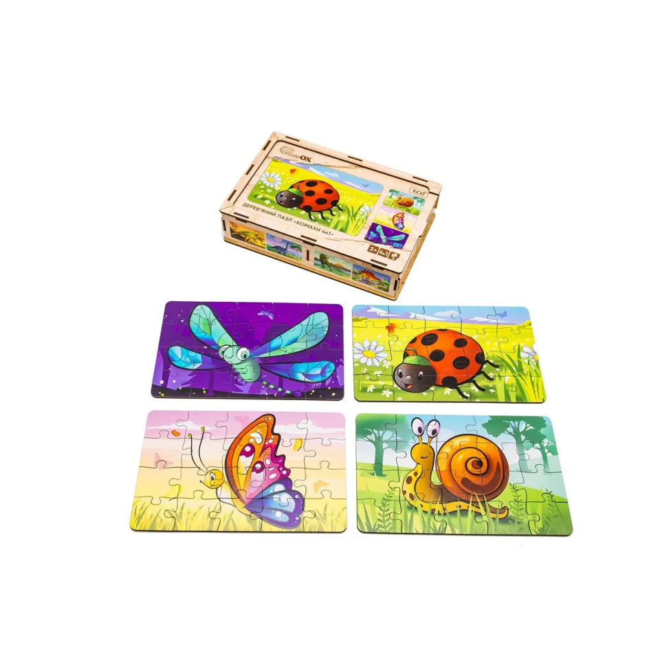Дерев'яний пазл PuzzleOK 80 елементів 4в1 Комахи натуральне дерево