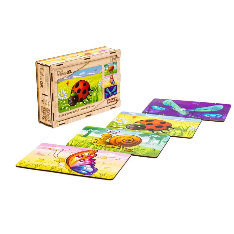 Дерев'яний пазл PuzzleOK 80 елементів 4в1 Комахи натуральне дерево