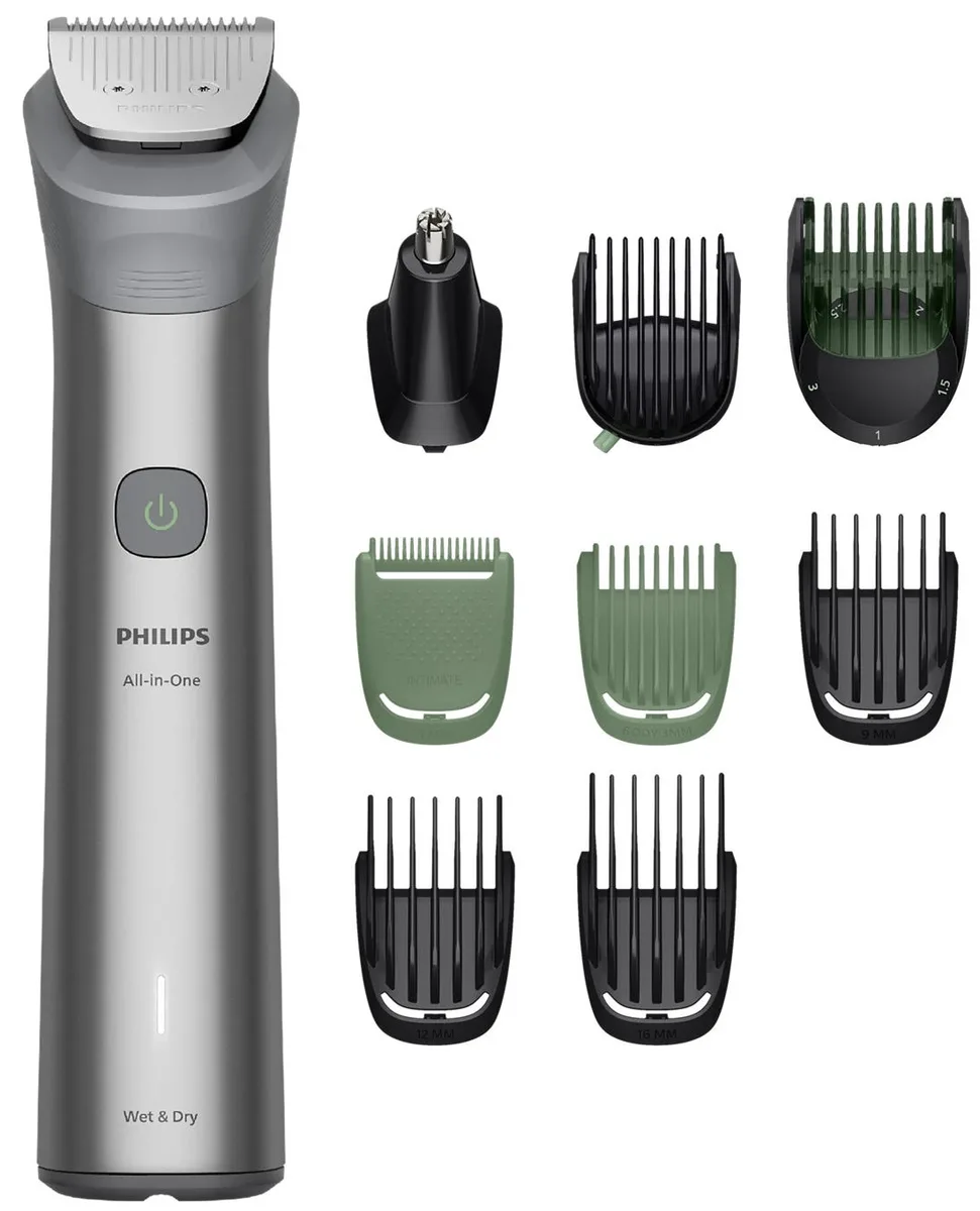 Тример Philips Series 5000 для обличчя, голови та тіла, акумуляторний, 9 насадок, стальний, сірий.