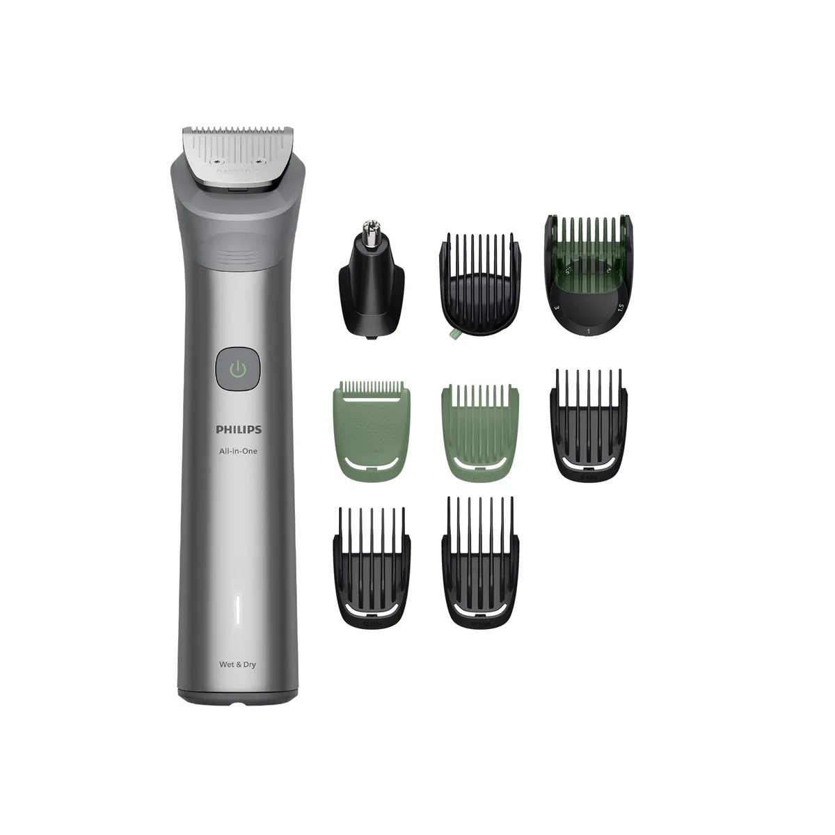 Тример Philips Series 5000 для обличчя, голови та тіла, акумуляторний, 9 насадок, стальний, сірий.