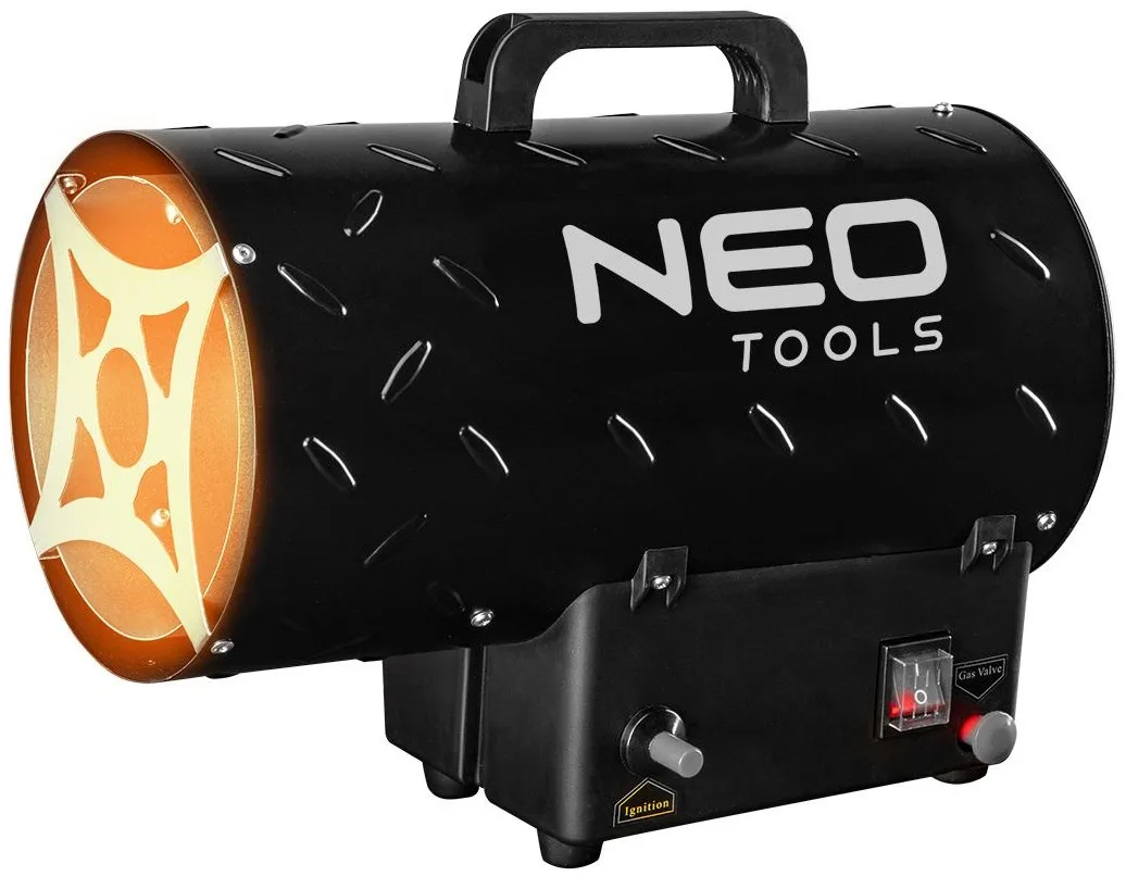 Газова теплова гармата Neo Tools, потужність 15 кВт, обслуговує площу до 150 м2, продуктивність 580 м3/год, чорний колір, вага 3.6