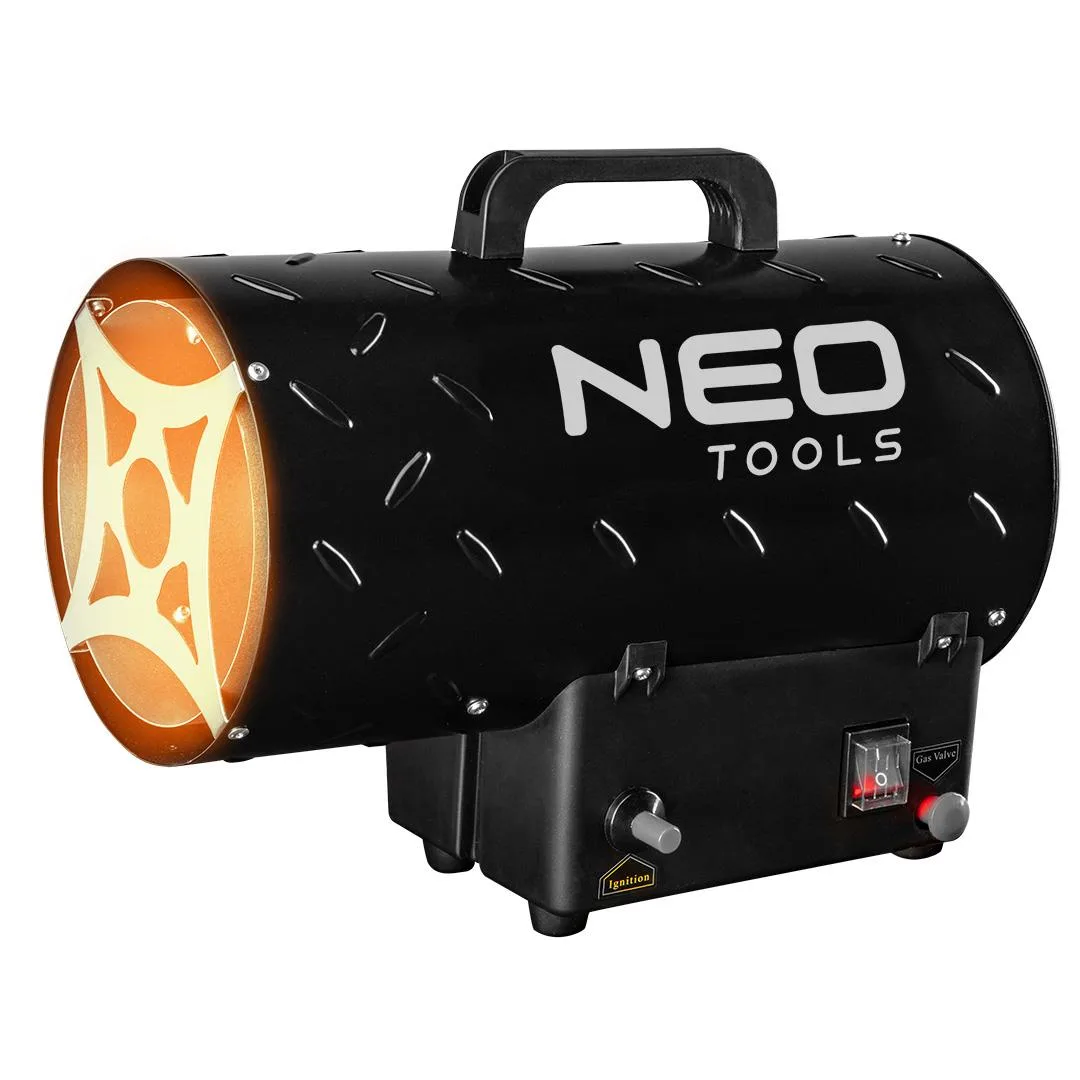 Газовая тепловая пушка Neo Tools, мощность 15 кВт, обслуживает площадь до 150 м2, производительность 580 м3/ч, черный цвет, вес 368 кг.