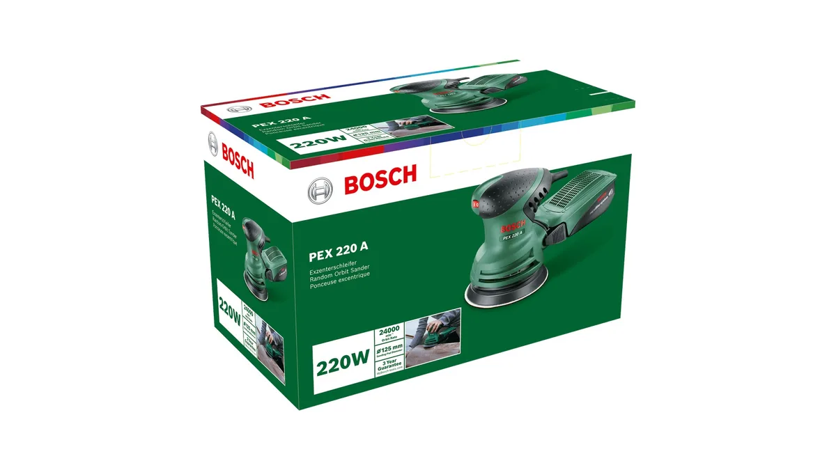 Ексцентрикова шліфувальна машина Bosch PEX 220 A, 200 Вт, 125 мм, 24000 об/хв, вага 1.2 кг.
