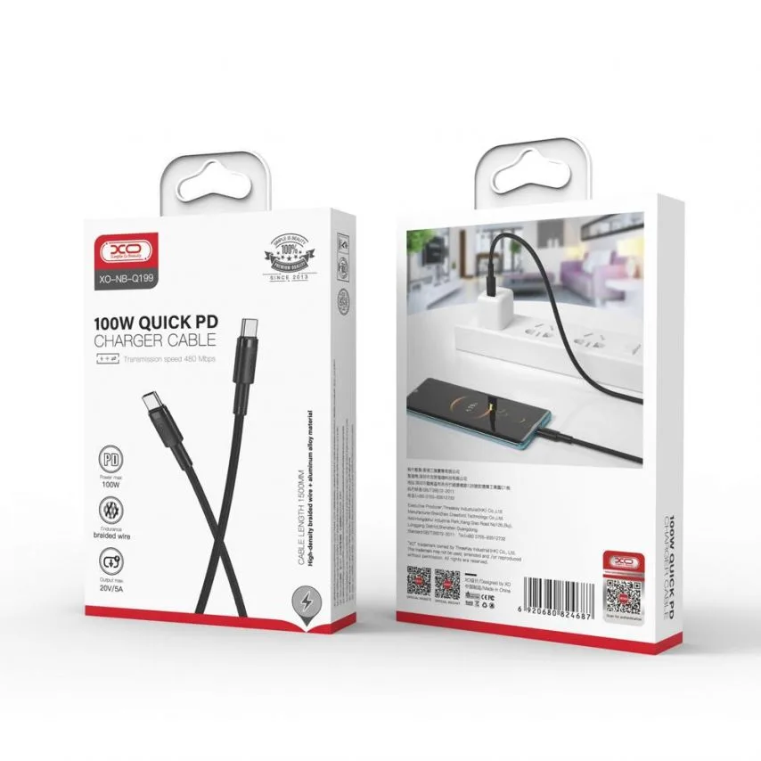 Кабель USB Type-C до Type-C XO 1,5 м тканинний чорний 100W 5A
